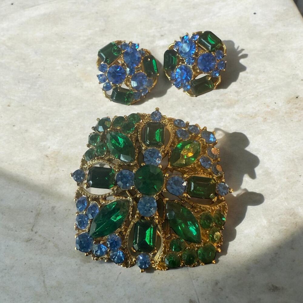 Vintage Topaz & Emerald Rhinestone Costume Jewelry Set